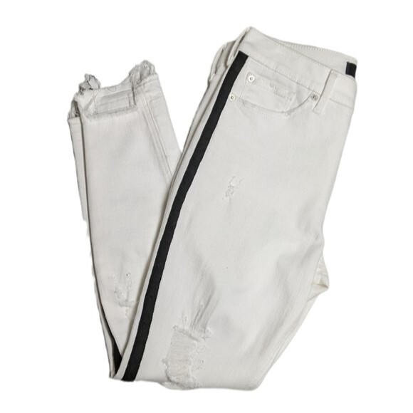 Express Jeans Women 2 Stretch Cropped Legging Mid-Rise Distressed White Denim - Picture 1 of 10